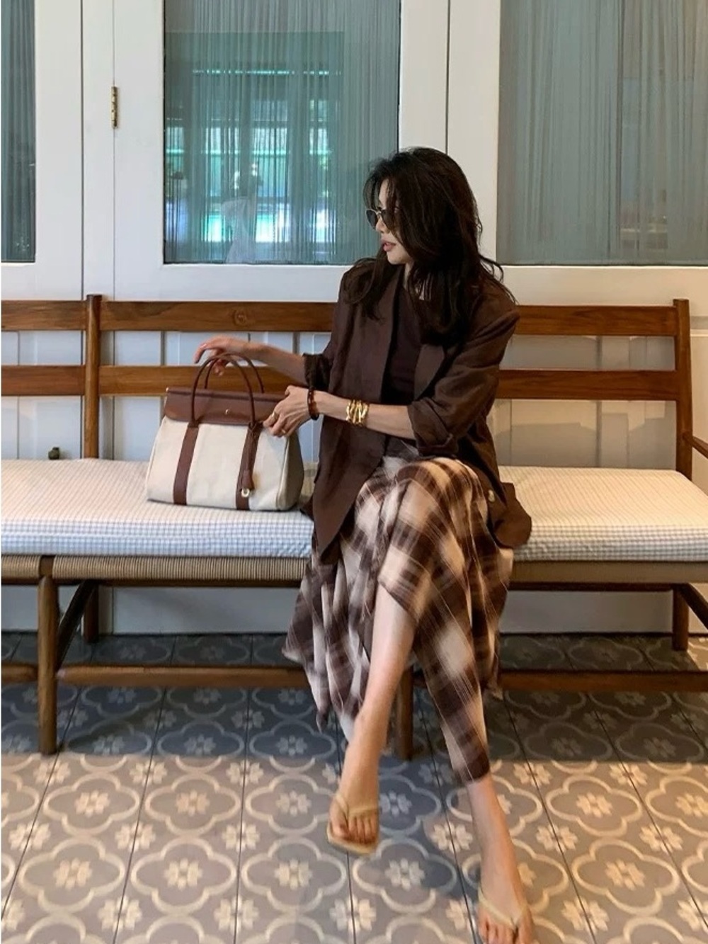 Plaid Handkerchief Hem Midi Skirt in Brown and Cream - Picture 5 of 8